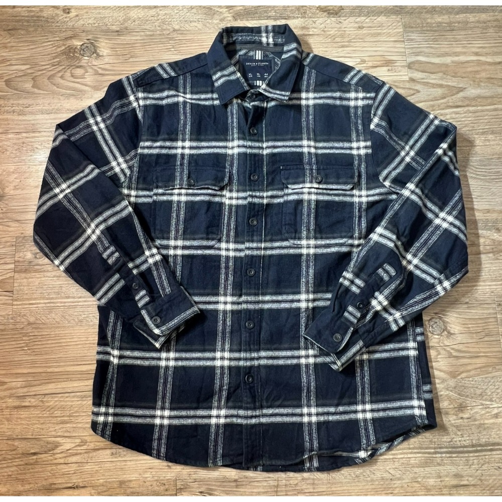 Denim & Flower‎ Ricky Singh XL Navy Plaid Shacket Heavyweight Flannel Warm Layer